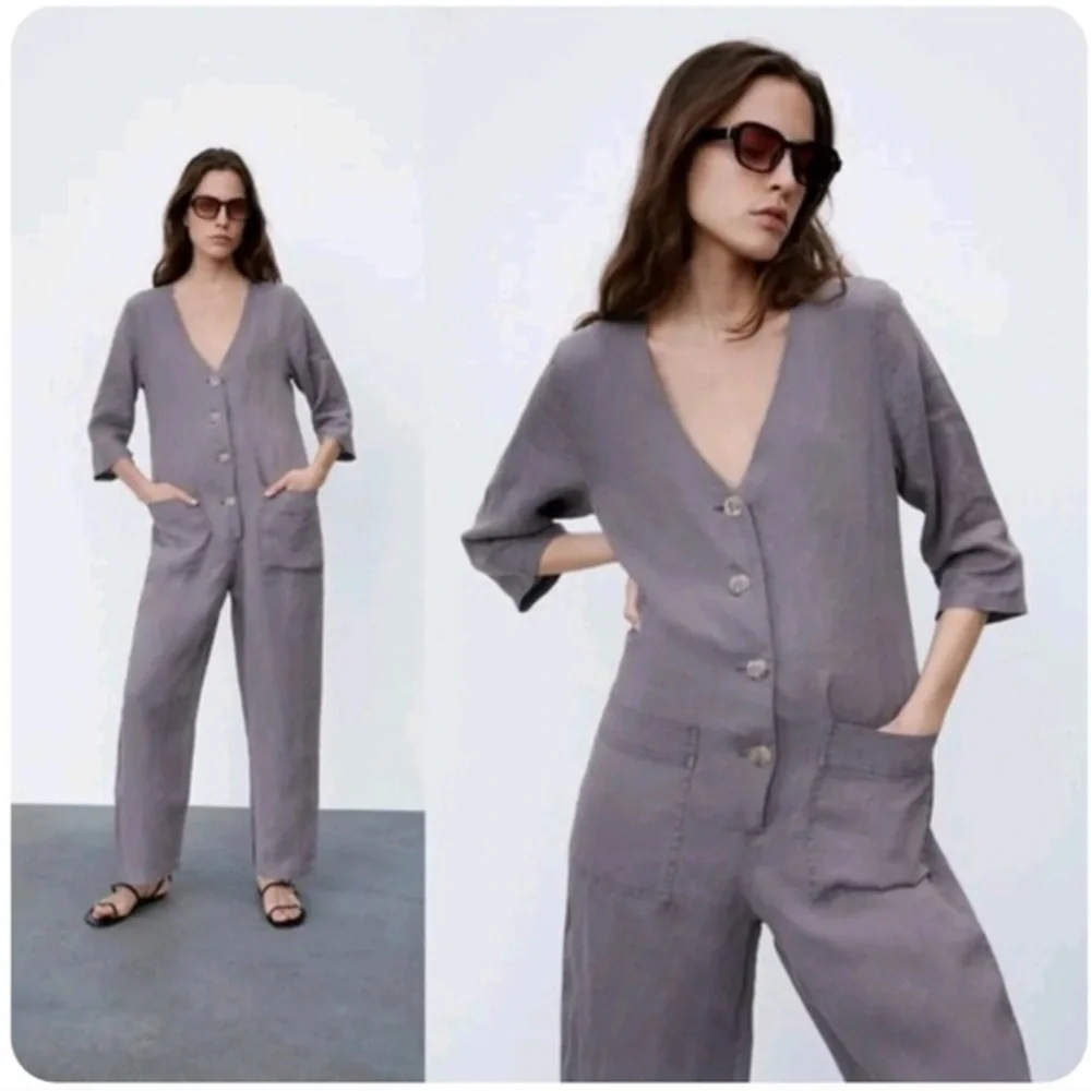 Zara gray Lillian linen Button Front Jumpsuit medium